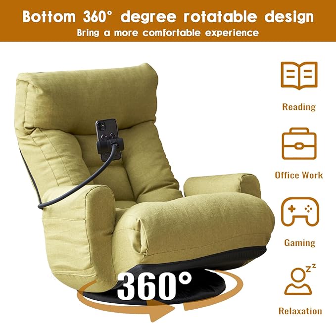 Swivel Gaming Chair Adjustable Head and Waist Floor Gaming Rocker with Armrests &amp Side Pocket &amp Phone Holder Lazy Lounger Couch for E-Sports Reading Relaxing Watching TV (Green)