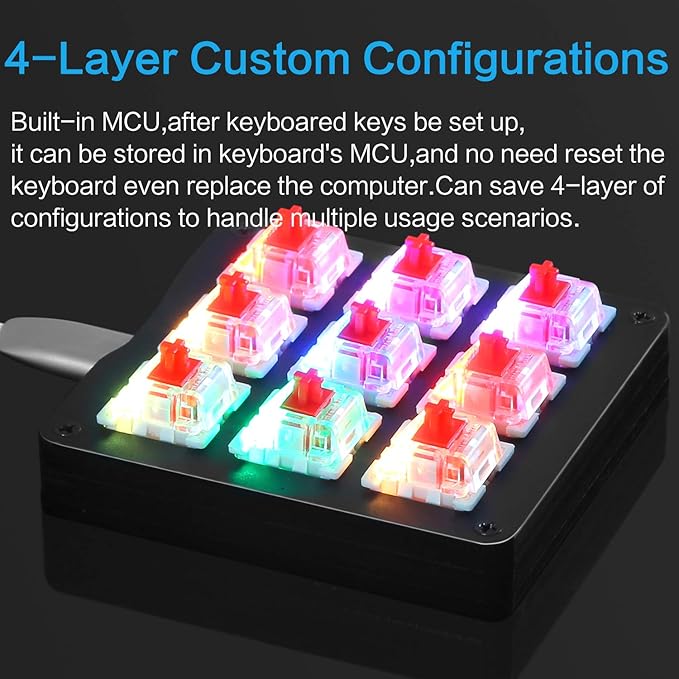 Koolertron One Handed Macro Mechanical Keyboard RGB LED Backlit Portable Mini One-Handed Mechanical Gaming Keypad OSU! Keyboard 9 Fully Programmable Keys Red Switches