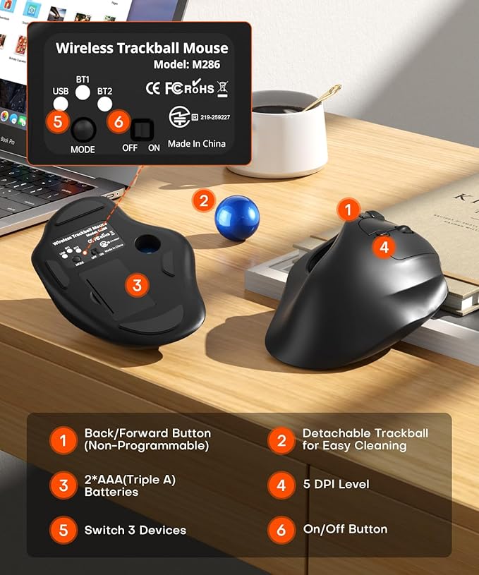 Ergonomic Wireless Trackball Mouse 3 Device Connection (Bluetooth or 2.4G USB Receiver) Bluetooth Quiet Computer Mouse 2*AAA Battery Thumb Laptop Mice with 5 Level DPI for PC/Laptop/Mac/Windows Blue