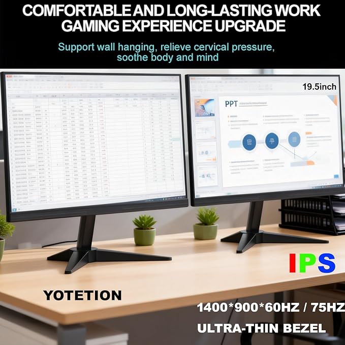 19.5inch IPS Monitor Without Audio Professional HD Monitor (1440 x 900) 75Hz Refresh Rate Visual Protection Technology Blue Light Filter and Flicker-Free Technology (HDMI and VGA Ports)