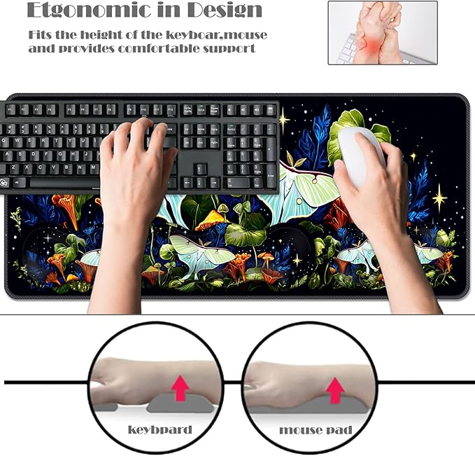 Ergonomic Keyboard Wrist Rest &amp Mouse Pad Wrist Rest SetXL Gaming Desk Mat 31.5x 11.8Non-Slip BaseMemory FoamEasy Typing Pain Relief for Office &amp HomeButterflies in Starry Forest
