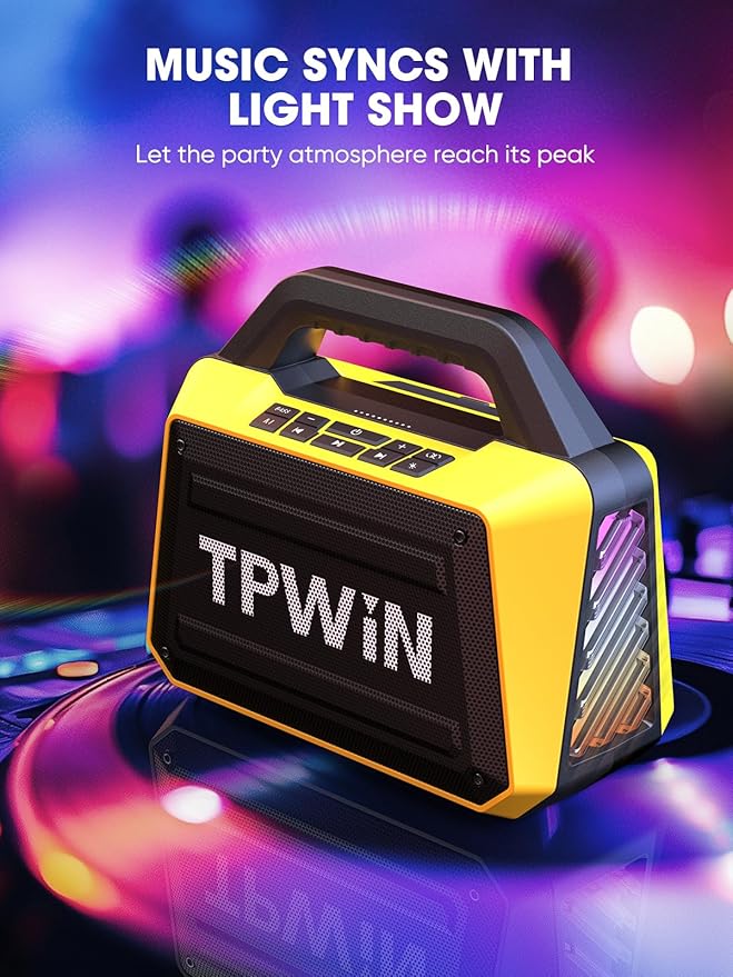 Portable Bluetooth Speakers - Wireless Jobsite Speaker 80W Peak TWS Light Shows Loud Speaker with Deep Bass BT 5.3 IPX6 Waterproof 20H Playtime for Outdoor Beach Camping Garage - Yellow