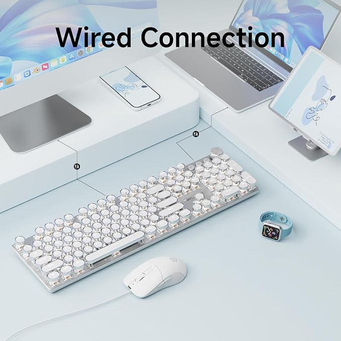 EWEADN Wired Typewriter Keyboard and Mouse Combo Typewriter Style Mechanical Gaming Keyboard104 Keys Backlit LED Keyboards Media Control Knob Wired Keyboard White Switch for Windows/Mac/PC-White