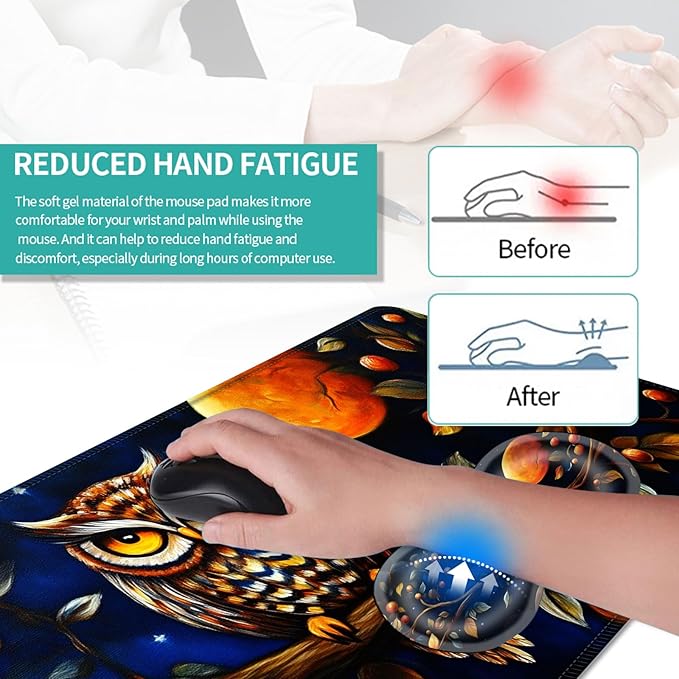Keyboard Mouse Pad Set Extended Gaming Mouse Pad+Ergonomics Keyboard Wrist Rest Support Memory Foam Easy Typing Pain Relief 4Pcs XL Ultra Thick Desk MatOwl on Branch Moonlit Night
