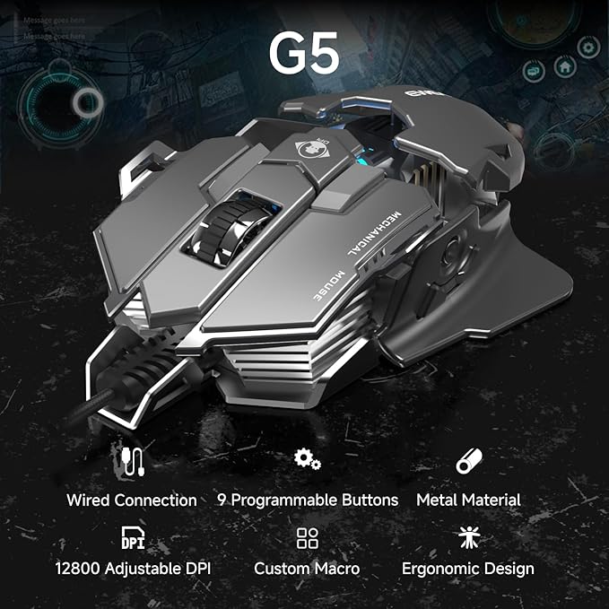 EWEADN G5 Wired Gaming Mouse Ergonomic RGB Computer Mouse 12800 Adjustable DPI 9 Programmable Macro Buttons with Rapid Fire Key Compatible for PC/Laptop/Windows-Grey&ampWhite