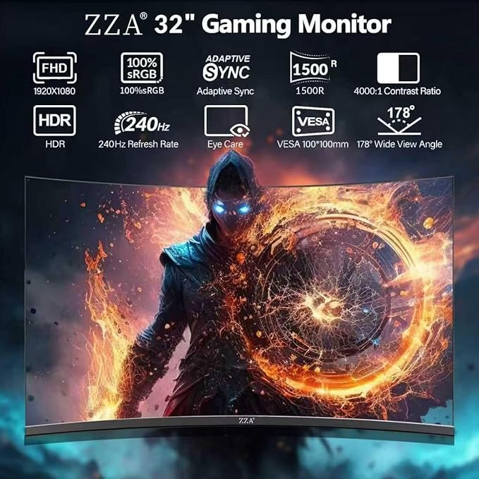 ZZA 32 Inch Curved Gaming Monitor 240Hz Curved Monitor Computer Monitor-HDMI DP USB Headphone Ports1080p 1K FHD Ultra Slim Curved Screen with Wide AngleHigh Refresh Rate Immersive PC Gaming