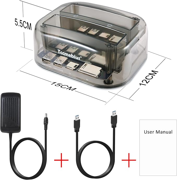 TCC-S865 USB 3.0 to SATA IDE Dual Slots External Transparent Hard Drive Docking Station with Card Reader and 2 Ports USB 3.0 Hub for 2.5 3.5 Inch IDE SATA I/II/III HDD SSD