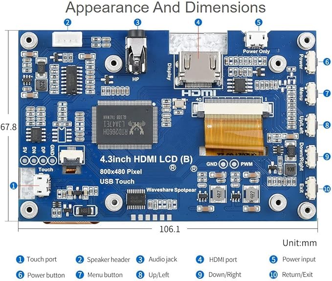waveshare 4.3inch Capacitive Touch Screen LCD Compatible with Raspberry Pi 5/4B/3B+/3A+/2B/B+/A+/Zero/Zero W/WH/Zero 2W CM3+/4 800×480 Resolution HDMI IPS Supports Jetson Nano/Windows