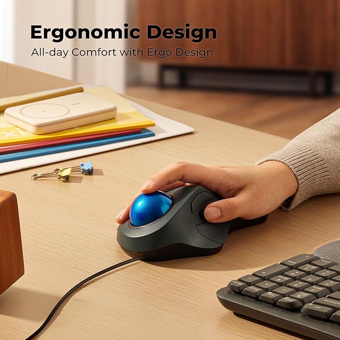 Wired Trackball Mouse for Large Hands Ergonomic Design Reduces Wrist &amp Muscle Strain Precision Tracking with Easy Index Finger Control Compatible with PC Laptop Windows Mac Blue