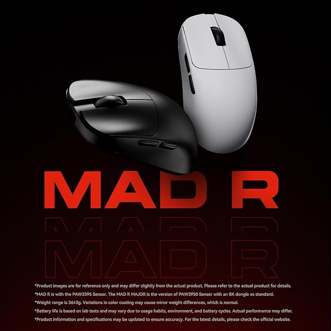 ATK VXE MAD R Gaming Mouse Ultra-Lightweight 36–42g PAW3395/3950 Sensor 42K DPI Dual-Mode 8K Polling Rate 2.4G Wireless &amp USB-C Wired Esports Mouse (MAD R+ Black)