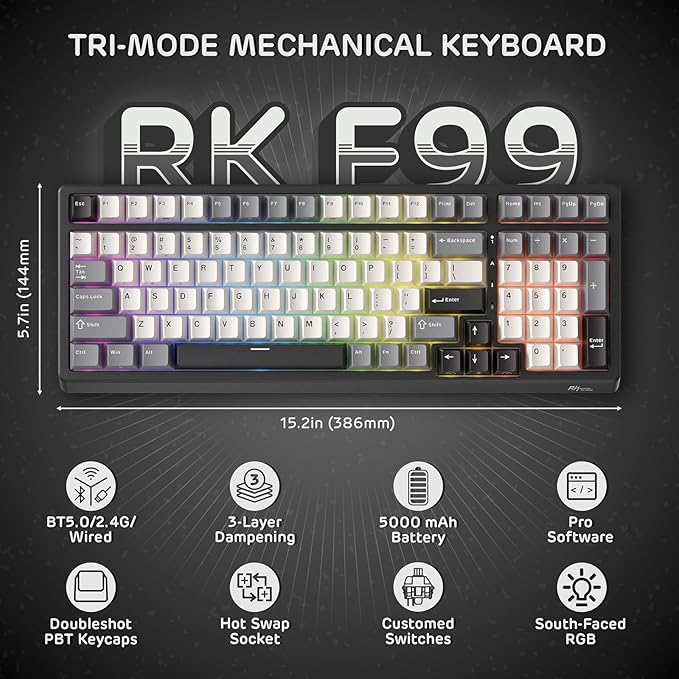 RK ROYAL KLUDGE F99 Wireless Mechanical Keyboard with Numper Pad Tri-Mode Hot Swappable 95%100 Keys Gaming Keyboard BT/2.4G/USB-C Pro Software 5000mAh Battery Customed Tactile Beige Switches