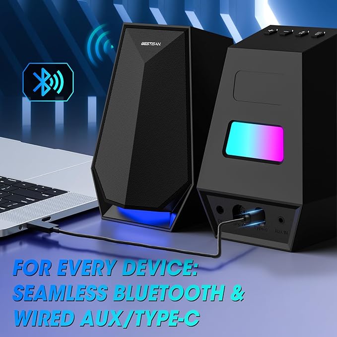 BESTISAN Computer Gaming Speakers for Desktop PC - 30W Powered Monitor Speakers with Bluetooth/AUX/Type-C Connections 6 Colorful Lights Compatible with Monitor Gaming Setup &amp Laptop