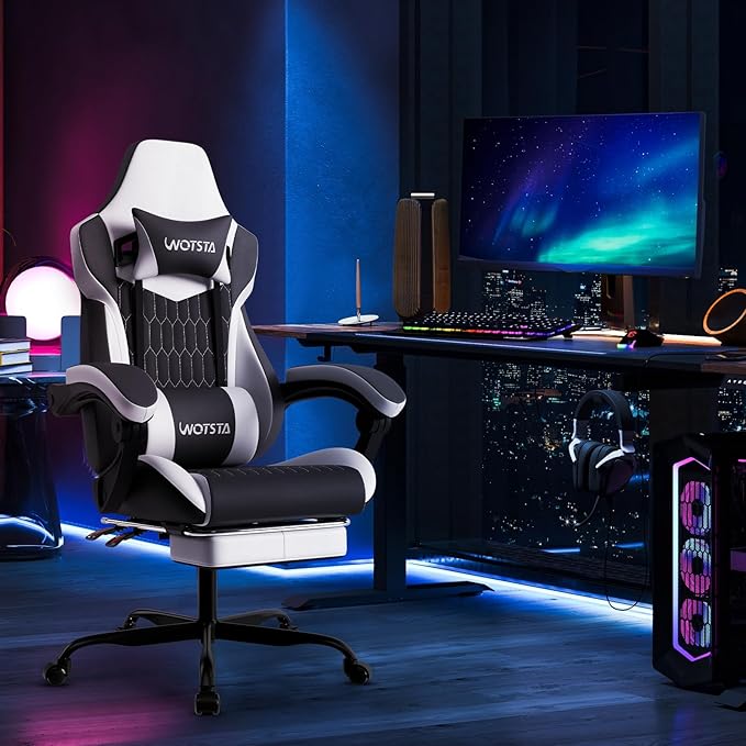 Gaming Chair with Footrest High Back Gaming Chairs PVC Leather Ergonomic Gamer Chair with Adjustable Headrest Lumbar Support Racing Style Video Gaming Chair for Office/Home (Black White)