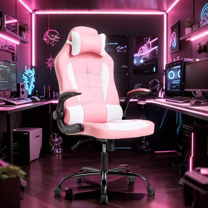 Gaming Chair Racing Chair with Lumbar Support - High Comfort PU Leather Ergonomic Office Desk &amp PC Gaming Chair for Adults Men Women - Flip-Up Arms &amp Headrest Pink