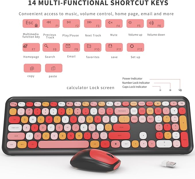 Wireless Keyboard and Mouse Combo Colorful Ergonomic Full Size Retro Low-Noise Keyboard with Cute keycaps Compatible with Windows PC Perfer for Home and Office Keyboards (Black)