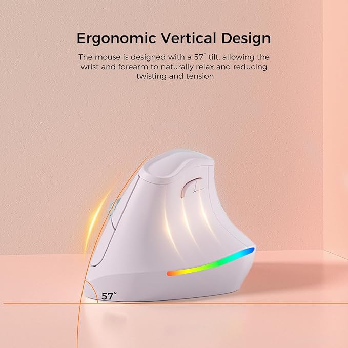 KYSONA 57° Wireless Ergonomic Mouse Vertical Mouse Carpal Tunnel Mouse RGB Light Rechargeable Bluetooth &amp 2.4G 5-Level DPI Adjustment Quiet Click Ergo Mice Compatible with PC/Laptop/Mac Pi