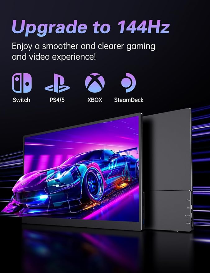 Portable Monitor 17.3 144Hz FHD 100% sRGB HDR Portable Gaming Monitor Travel Monitor with Kickstand &amp Speakers USB-C HDMI External Screen for Laptop Mac Xbox Switch PS5/4