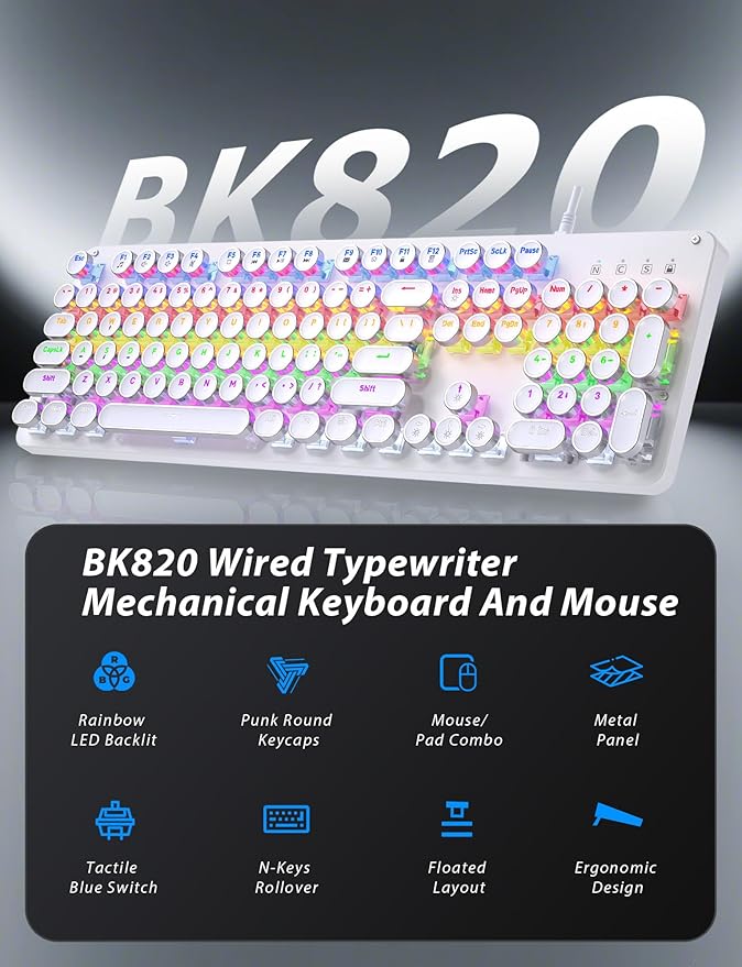Typewriter Mechanical Gaming Keyboard and Mouse Metal Panel Retro Keyboards with Round Keycap Blue Switch Rainbow LED Backlit 104-Key Anti-Ghost Wired Mouse and Pad Combo for PC Laptop Mac Gamer