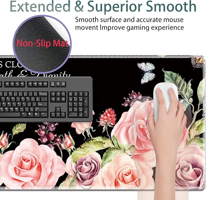 Large Gaming Mouse Pad + Keyboard Wrist Rest + Wrist Support + Coaster Set Memory Foam Ergonomic for Easy Typing XXL Extended Gaming Mouse Pad Table Pad - Proverbs 31:25 Flower