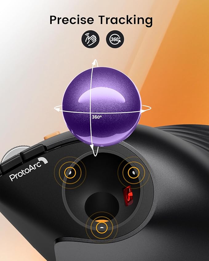 ProtoArc Vertical Wireless Trackball Mouse EM05 NL Bluetooth Ergonomic Rollerball Mouse Rechargeable Computer Laptop Thumb Mice 3 Device Connection Compatible with iPad Mac Windows PC-Purple