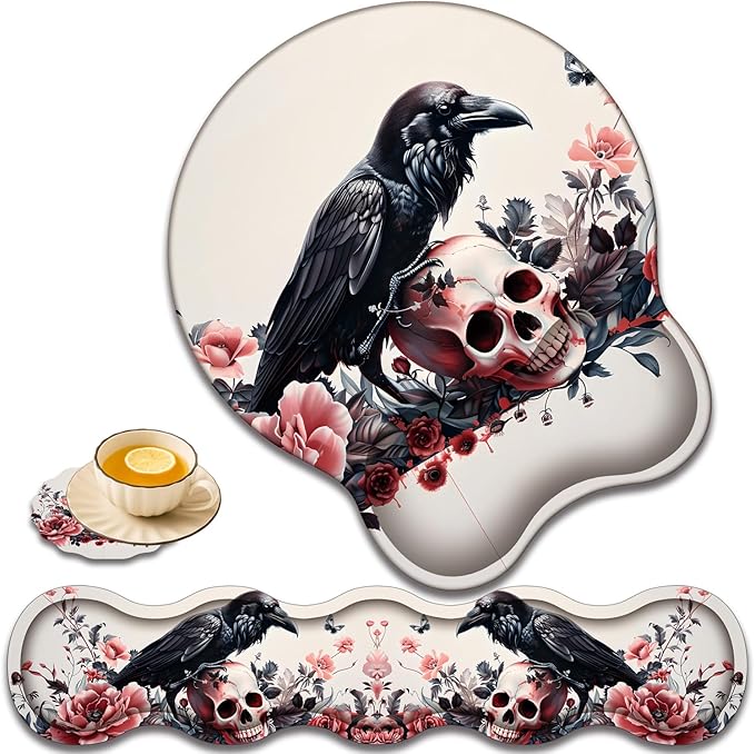 Keyboard Wrist Rest and Mouse Pad Wrist Support with Lace-Shaped Coaster Set Ergonomic Gel Memory Foam and Anti-Slip Base Easy Typing and Pain Relief - Rose Skeleton