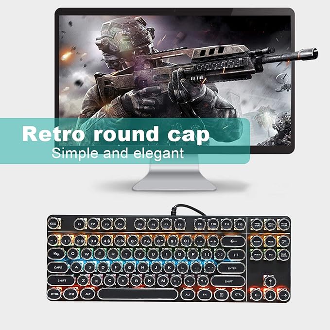 Mechanical Gaming Keyboard Retro Punk Typewriter Style USB Wired Computer Keyboard with RGB Backlit and Round Keycaps Plug and Play Black Ergonomic PC Keyboard for Laptop