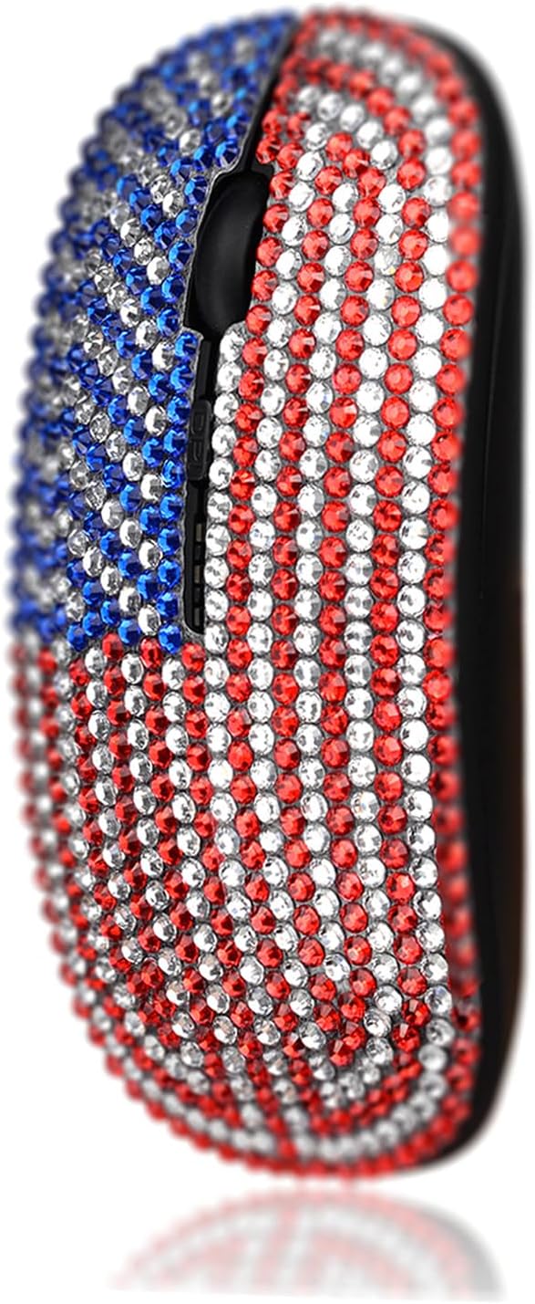 WONGS American Flag Bling Luxury Crystal Rhinestone Rechargeable 2.4G Wireless Mouse for Laptop Computer Cute USA Star Stripes Mouse for Girls - Flag Black
