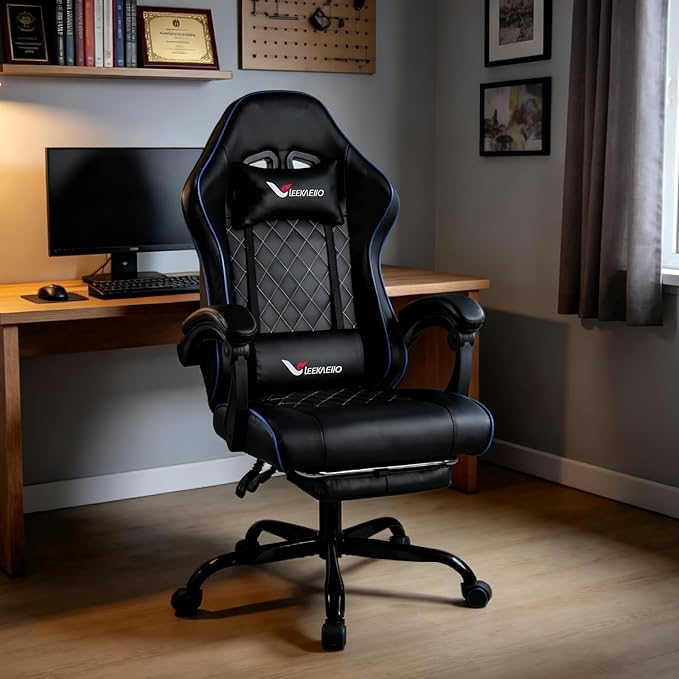 Blue Gaming Chair for Adults with Footrest and Lumbar Support Height Adjustable Office Chair with 360°-Swivel Seat and Headrest for Office or Gaming Comfortable Executive Office Chair