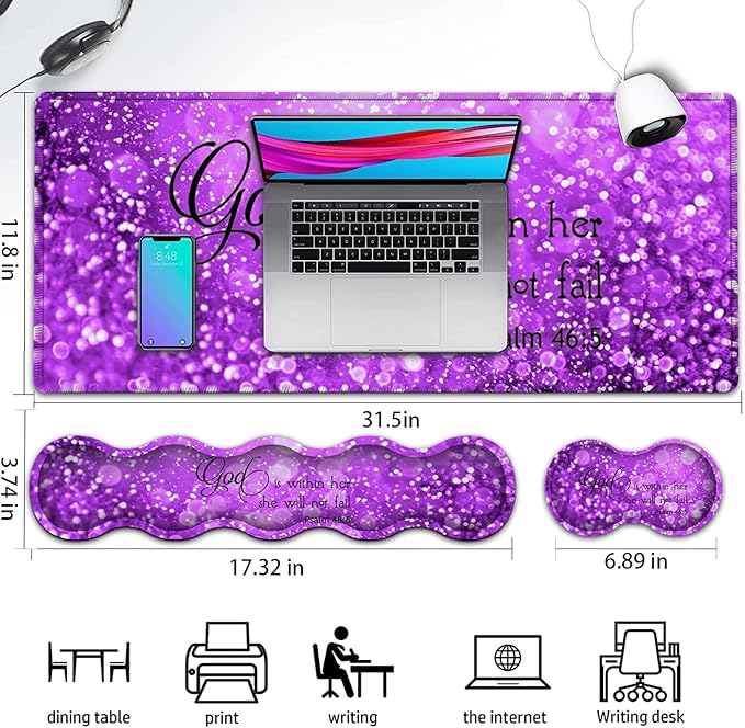 Gaming Mouse PadLarge Mouse Pad with Stitched EdgeNon-Slip Base Office Desk Pad Ergonomic Keyboard Wrist Rest SetWaterproof Writing PadPsalm 46:5 Purple Glitter Pattern Extended XXL Desk Mat