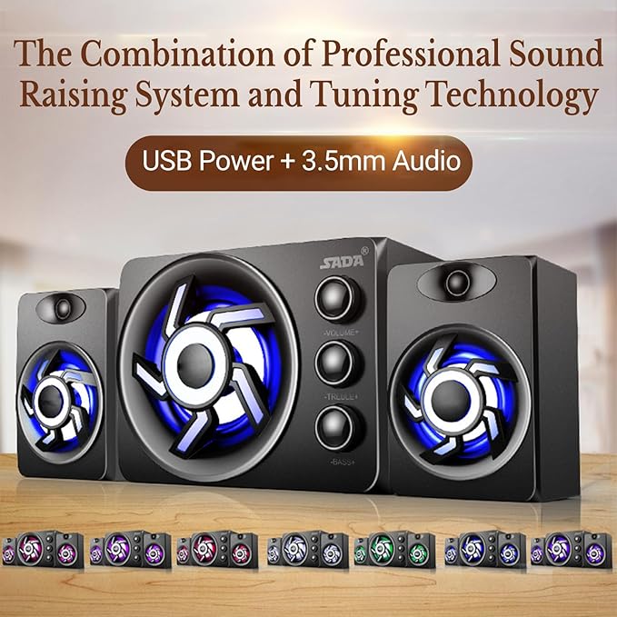 Passive Bookshelf Speakers for PC Computer 2.1 Channel Home Stereo Theater Speakers Treble and Bass Adjustable 3D Surrounding Speaker 3.5mm AUX