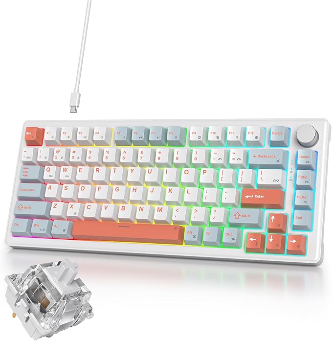 75% White Blue Creamy Mechanical Keyboard Wired Creamy Sound Gasket Gaming Thocky Keyboard with Knob Hot Swappable RGB Custom Keyboard Pre-lubed Cream Switch Keyboard (82 Light Blue)