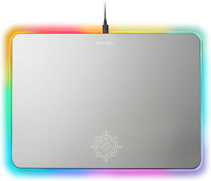 ENHANCE Metal LED Gaming Mouse Pad - Metal Mouse Pad with Large Aluminum Alloy Surface Multi-Color Transparent Edges Non-Slip Rubber Grip &amp Sleek Precision Tracking for Esports - Silver