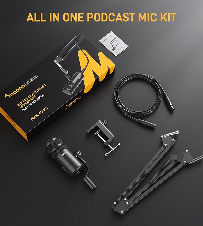 MAONO XLR Podcast Dynamic Microphone Cardioid Studio Mic with Boom Arm for Vocal RecordingStreamingGaming Voice Isolation Technology Metal Mic Works for Audio Interface Mixer-PD100S