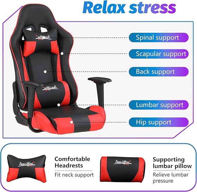 PayLessHere Gaming Chair Ergonomic Office Chair with Lumbar Support Headrest Armrests Rolling Swivel Functionality and Adjustable Features for PC Gamer (Red)