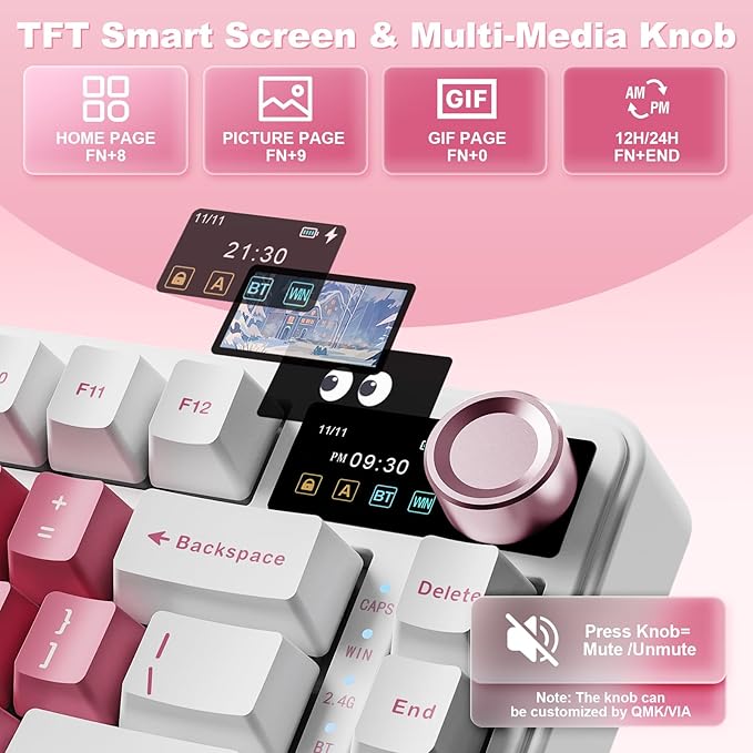 YUNZII B75 PRO MAX QMK/VIA Wireless Mechanical Keyboard75% Layout with Screen and KnobHot Swap GasketCreamy Pre-lubed SwitchesBluetooth/Type-C/2.4G for Win/Mac(White HeartCocoa Cream V2 Switch)