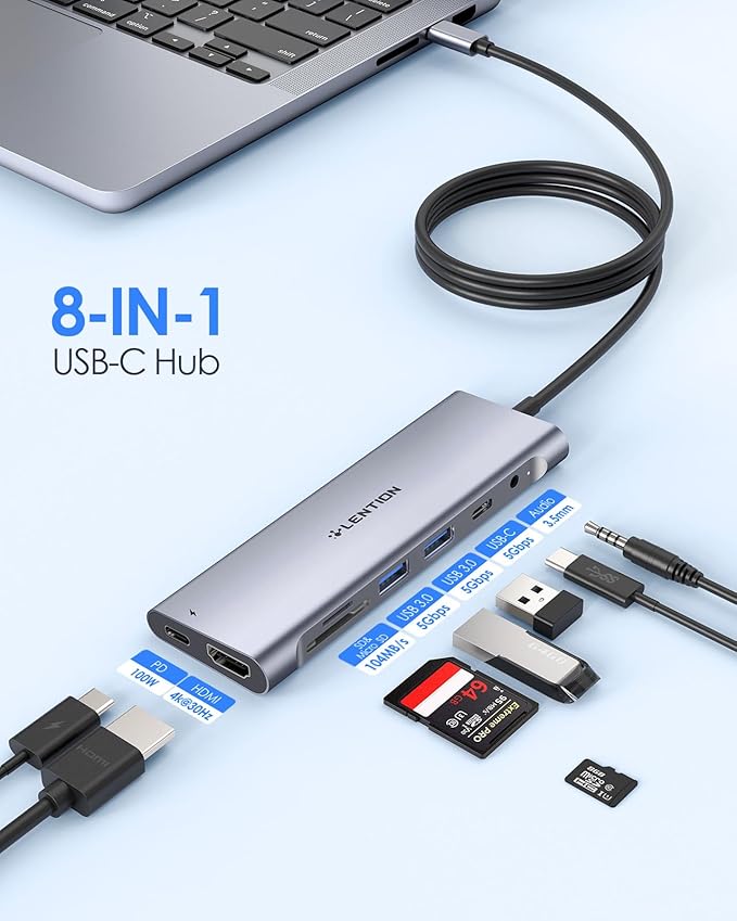 LENTION 8-in-1 USB C Hub Docking Station with 3.3FT Long Cable 4K HDMI USB A&ampC SD/TF Card Reader Aux 100W PD Charging for MacBook Pro/Air Dell HP Chromebook Steam Deck (C37-1M Space Gr