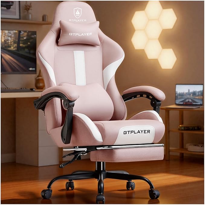 GTPLAYER Gaming Chair with Foot Rest &amp Pocket Spring Cushion Ergonomic High Back Computer Desk Chair with Headrest &amp Lumbar Support for Back Pain Relief Breathable Fabric Pink