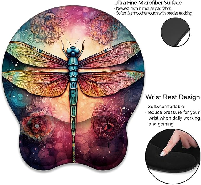 Mouse Wrist Rest and Keyboard Wrist Rest Pad+ Coaster Set Non-Slip Rubber Base Smooth Surface Ergonomic Gaming Mouse Pad for Easy Typing and Pain Relief Mandala Dragonfly