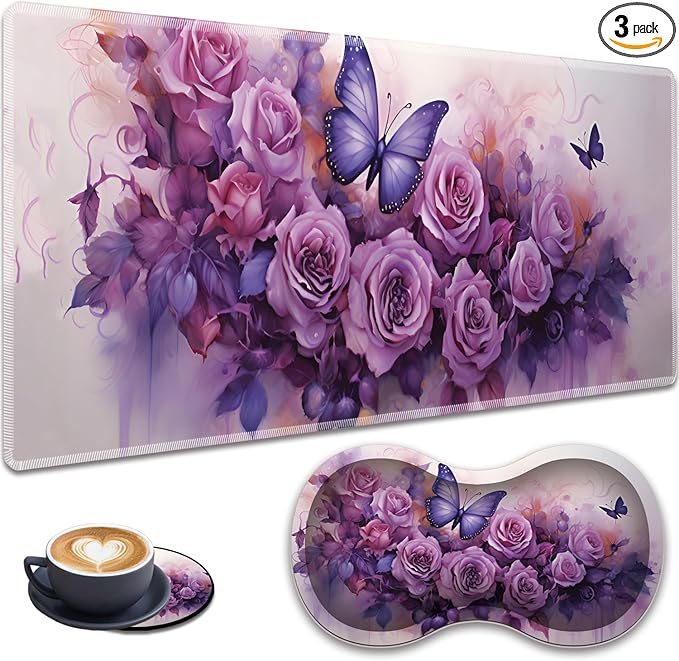 3-in-1 Large Mouse Pad Gaming Set (31.5 x 11.8 inch)+ Wrist Rest Pad + Coaster Memory Foam Gel Wrist Rest Pad for Pain Relief Stitched Edges Non-Slip Table Mat Purple Roses and Butterflies