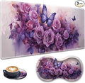 3-in-1 Large Mouse Pad Gaming Set (31.5 x 11.8 inch)+ Wrist Rest Pad + Coaster Memory Foam Gel Wrist Rest Pad for Pain Relief Stitched Edges Non-Slip Table Mat Purple Roses and Butterflies