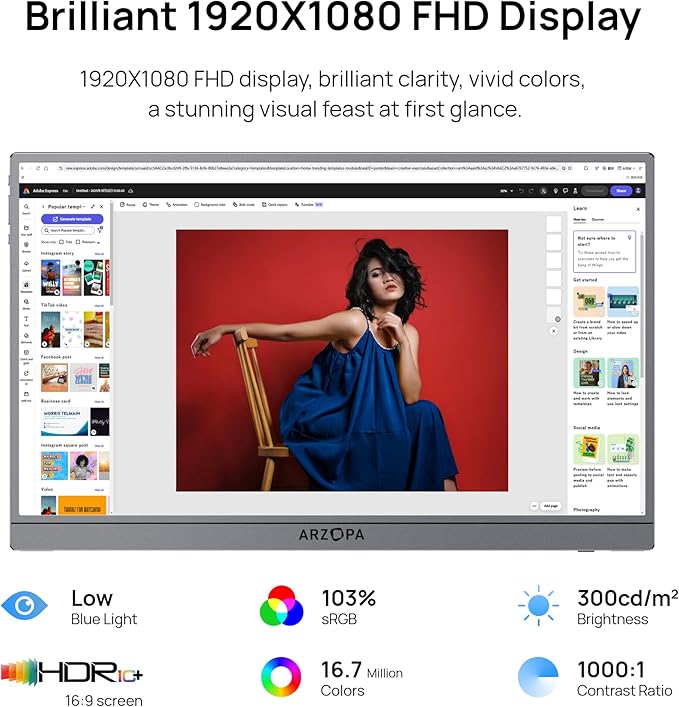 ARZOPA Portable Monitor &amp Sleeve 17.3 103% sRGB FHD Laptop Monitor &amp PU Sleeve Bag Combination