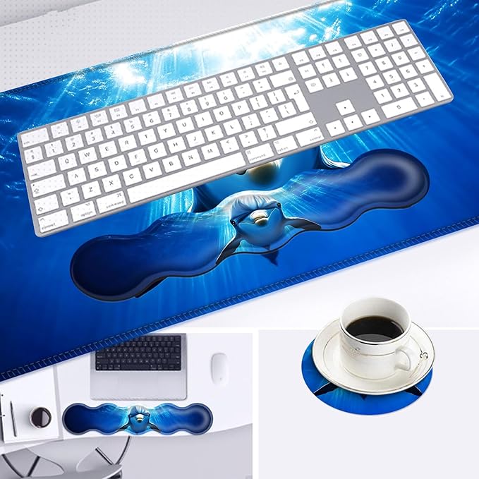 Large Mouse Pad and Keyboard Wrist Rest Desk Pad for Keyboard and Mouse 4-in-1 Large Gaming Mouse Pad with Wrist Support Desk Mat for Home Office Study GameDolphin in Ocean