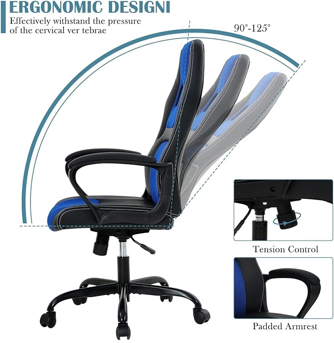 Executive PC Gaming Chair with Lumbar Support &amp Headrest - Ergonomic Leather Racer Task Chair for Home Office Gaming Room - Heavy Duty &amp Comfortable (Blue)