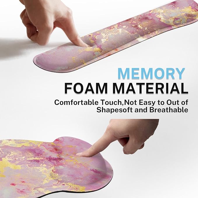 Britimes Pink Gold Liquid Marbling Keyboard Mouse Pad Set 4in1 Large Mousepad+Keyboard Wrist Rest+Mouse Wrist Rest+Coaster Set with Ergonomic Design for Home Office Computer 35.4x15.7 inches