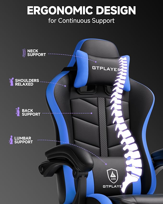 GTPLAYER Gaming Chair for Adults Ergonomic Computer Gaming Chair with Footrest Height Adjustable 90-155° Recline &amp Removable Headrest Lumbar Support Black&ampBlue