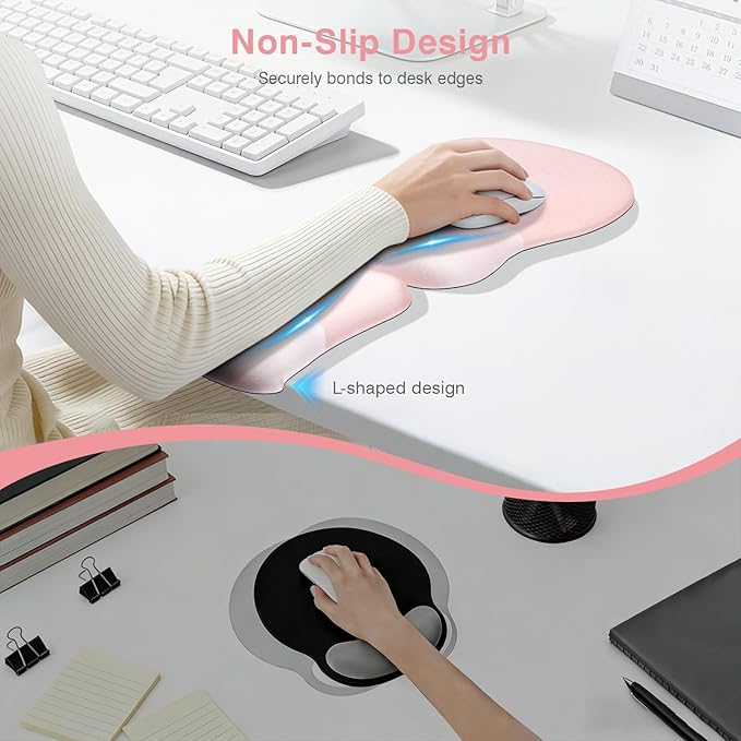 Ospelelf Mouse Pad with Wrist Rest Set Foam L-Shaped Desk Elbow Pad Ergonomic Desk Edge Cushion Anti-Slip Rubber Bottom Office Women Desk Accessories for Computer Laptop and Gaming Pink