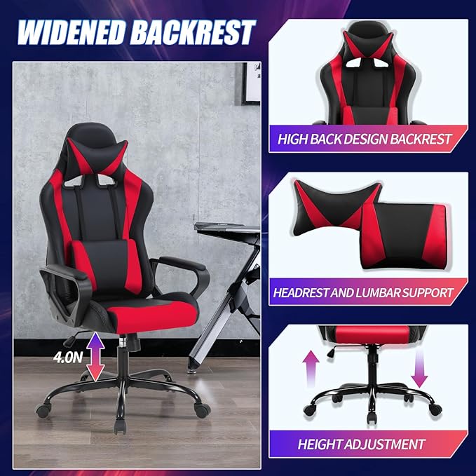 Gaming Chair High-Back Office Chair Ergonomic Video Game Chairs Height Adjustable Reclining Computer Chair with Lumbar Support Armrest Headrest Swivel Chair Game Chair for Adult Teen - Red