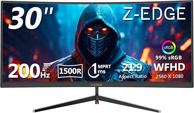 Z-Edge 30 Curved Gaming Monitor WFHD1080P 200Hz 165Hz Monitor MPRT 1ms 21:9 Aspect Ratio 1500R Curved 16.7M Colors 3000:1 Contrast UG30 PIP-PBP 2X DP 1.4 Ports and 2X HDMI 2.0 Port