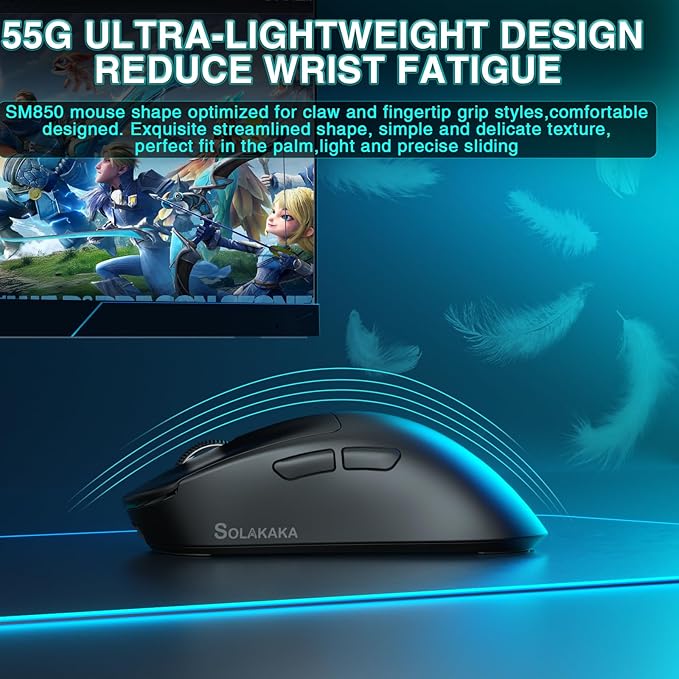 SOLAKAKA SM850 Gaming Mouse Wireless 24000 DPI 55g Lightweight Mouse Gaming 6 Programmable Buttons Ergonomic Computer Mouse Tri-Mode BT5.1/2.4G/USB-C 250h Battery Life PC Gamer Mice for Laptop