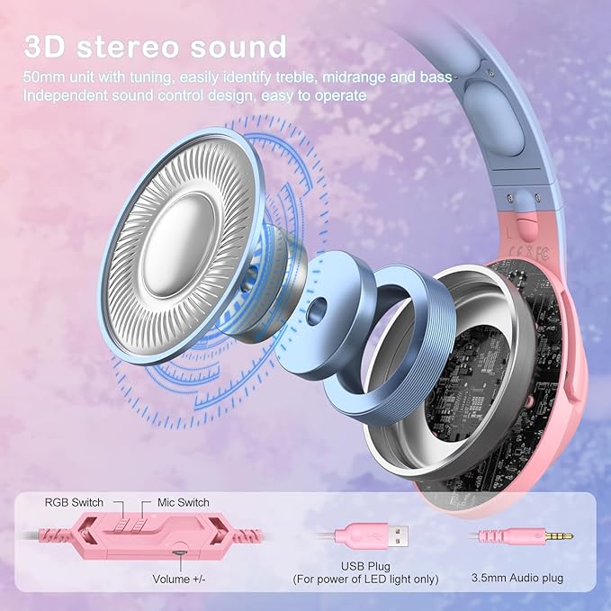 PHNIXGAM Gaming Headset for PS4 PS5 Cat Ear Headphones with Retractable Microphone RGB Backlight Surround Sound for PC Mobile Phone Gradient Pink Blue